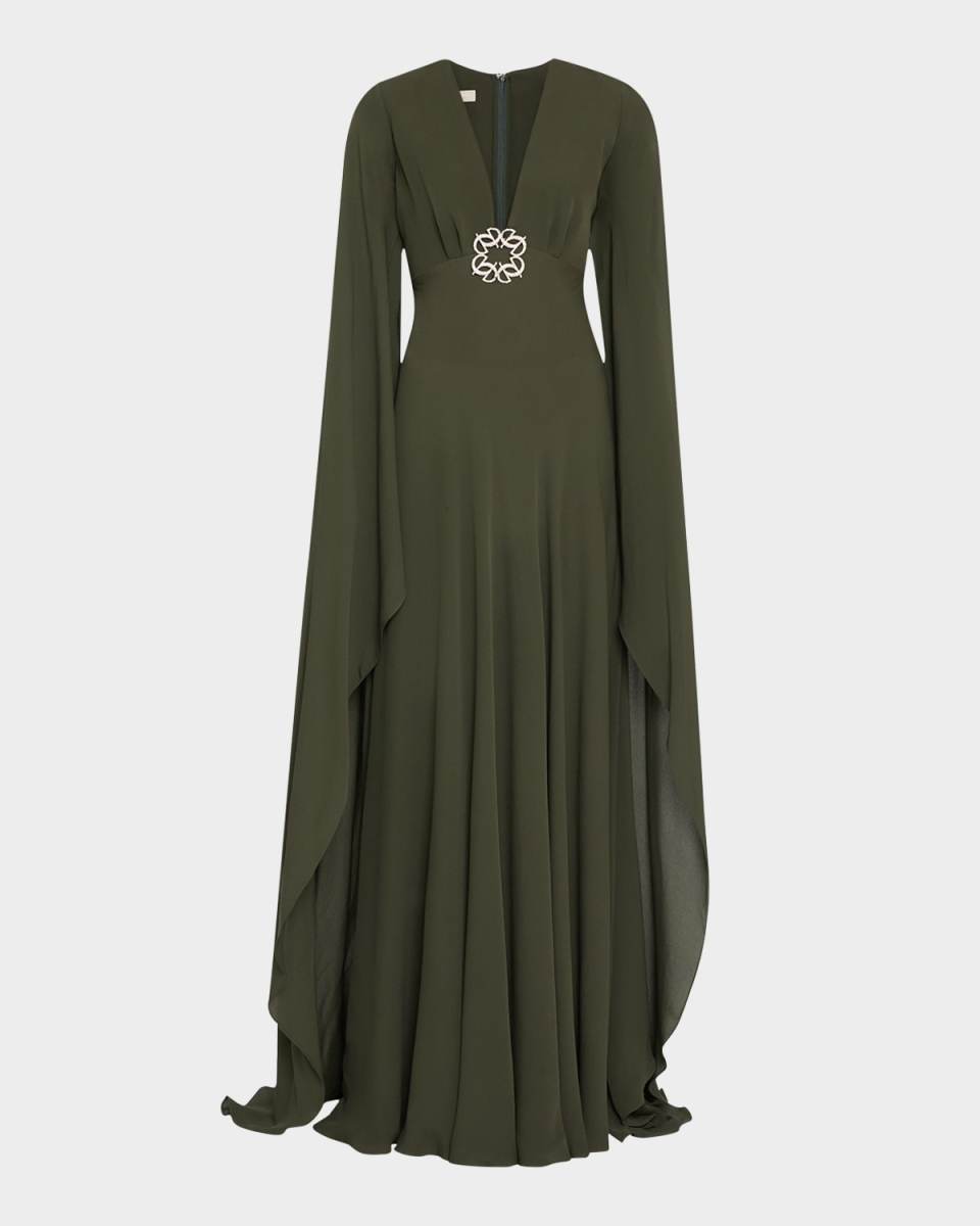 Plunging Crystal Cape-Sleeve Silk Gown